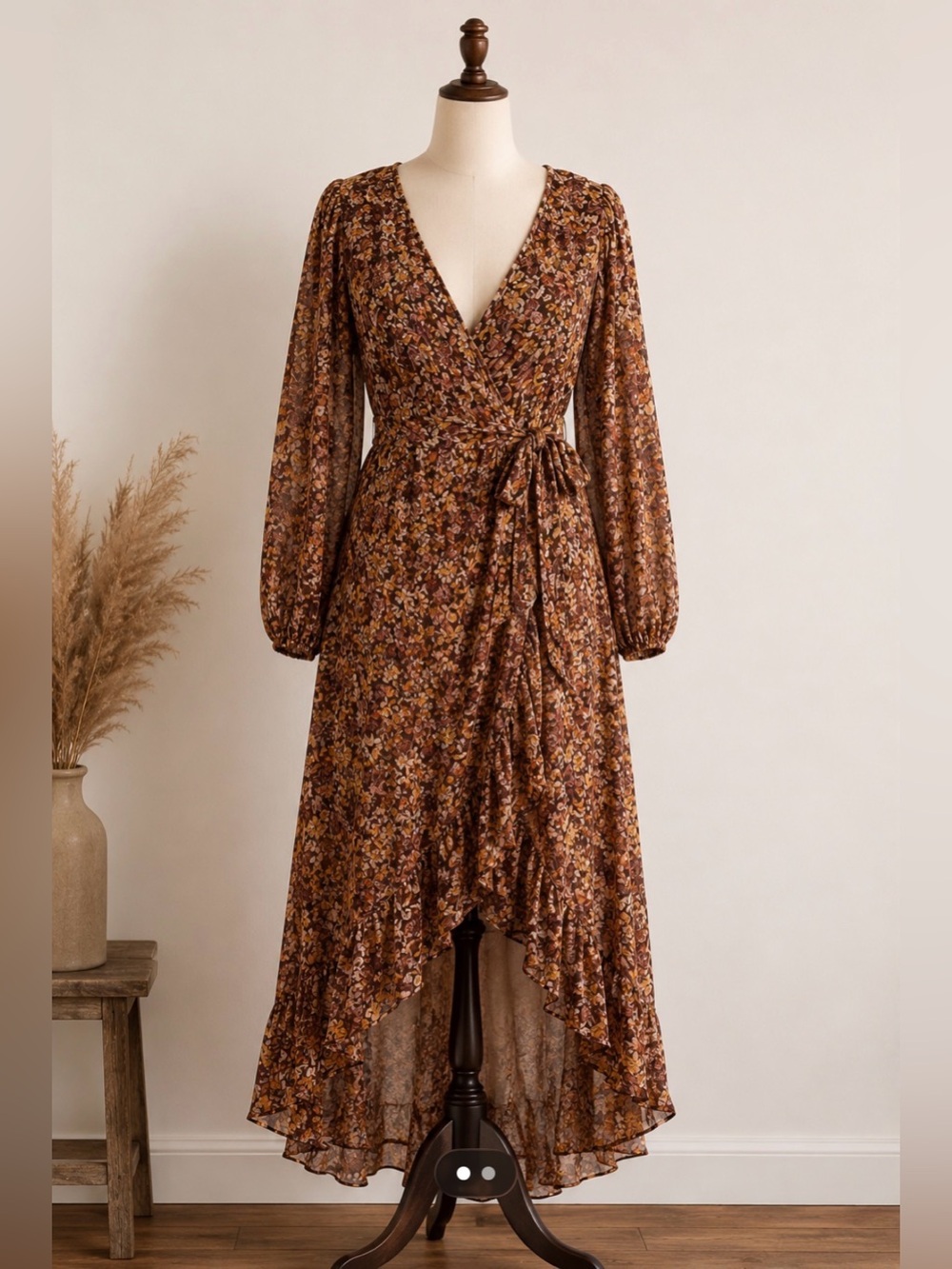 Christy Dawn -Brown Floral Boho Wrap Maxi Dress with Tie Waist